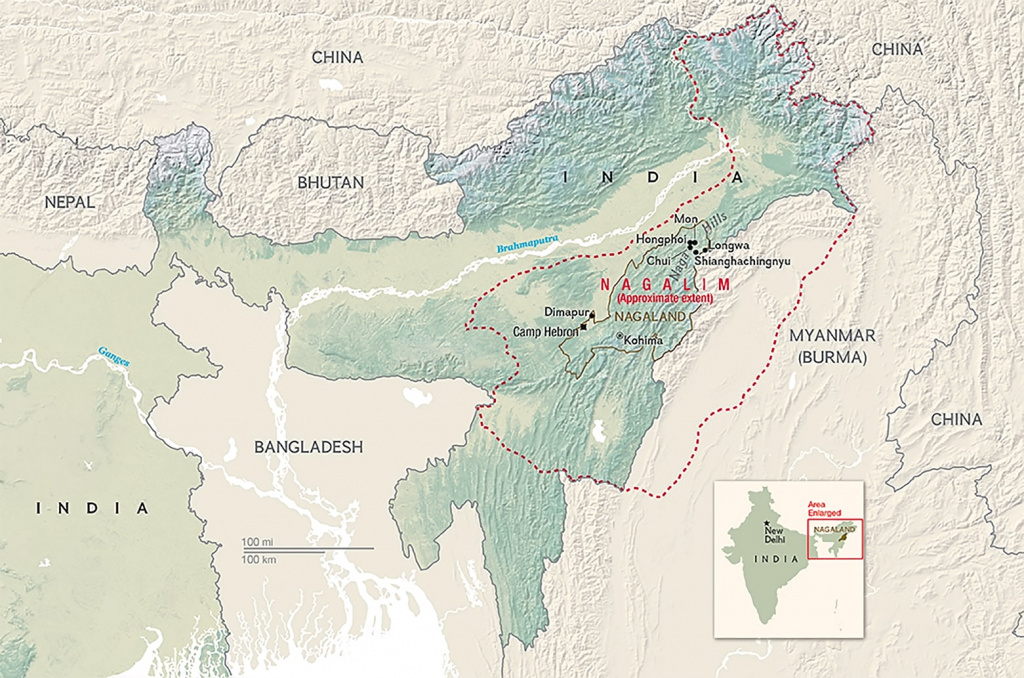 Карта между Индией и Мьянмой, где земли народов нага