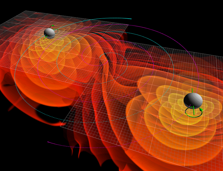 Визуализация моделирования сливающихся черных дыр, излучающих гравитационные волны
